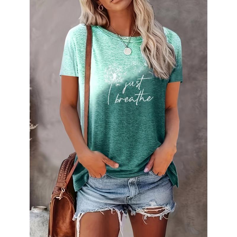 

Just Breathe & Dandelion Print T-shirt, Casual Crew Neck Short Sleeve Top, Women s Clothing XL