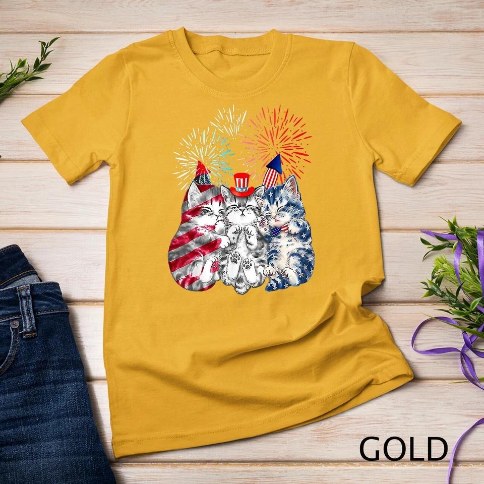 Funny Three Cat 4th Of July American Flag Patriotic Cat T-Shirt Unisex T-shirt 4 4XL