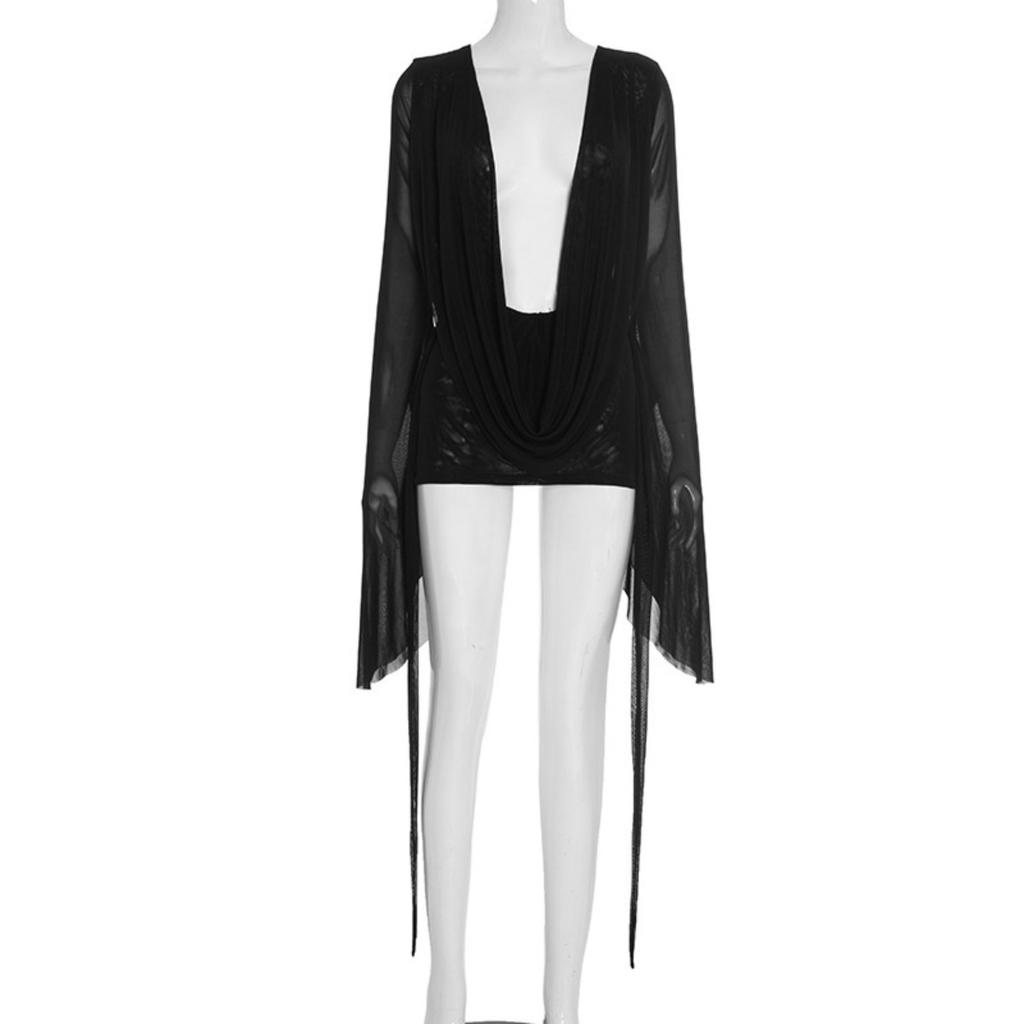 New Women's Mesh Cowl Neck Backless A-line Swing Long Sleeve Dress, European American Casual Party Dress