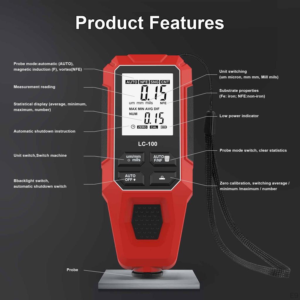 Paint Thickness Gauge Tool Fit Car Coating Measurement Automatic Detection Digital Display