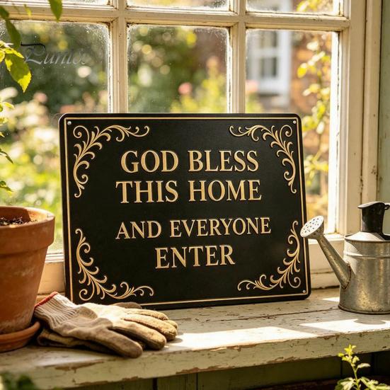 Dekorative Hausschilder Gott Segne Dieses Vintage Metallwandschild, Eisen Hängendes Schild Dekoration, Außenakzente Christliche Segenskunst für Garten Hof Veranda