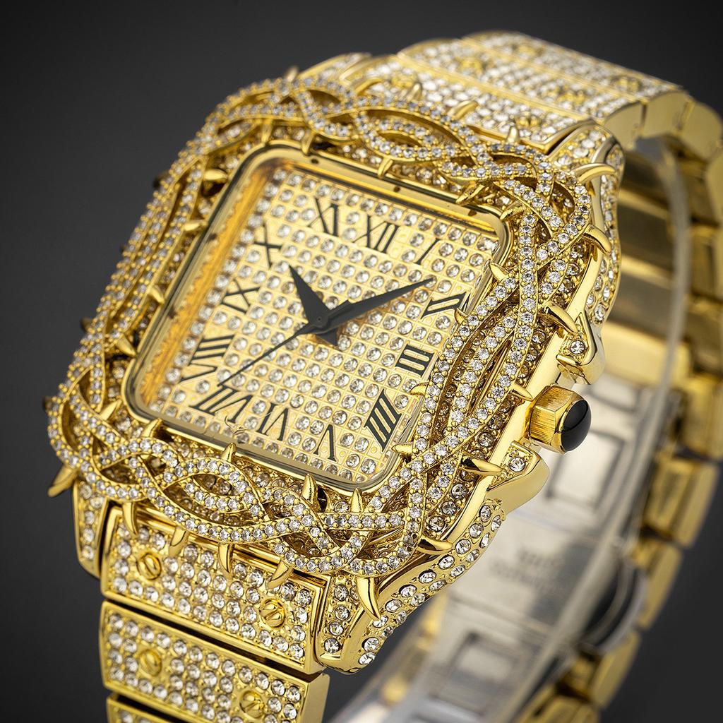 THE BLING KING Hip Hop Rapper Iced Out Thorn Encrusted Square Watch Men Full Rhinestone Square Roman Dial Quartz Wristwatch