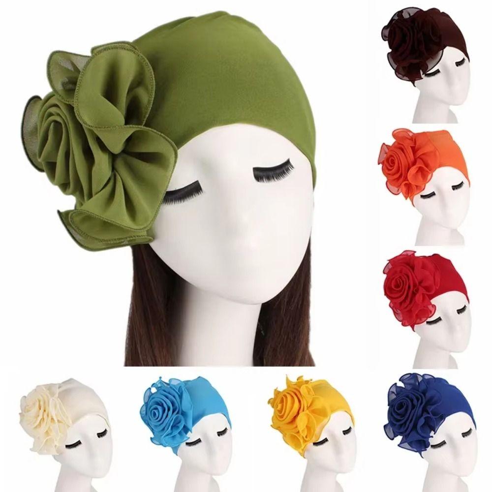 Big Flower Women's Turban Cap Elastic Head Wrap Cap Islamic Headscarf Hair Accessories