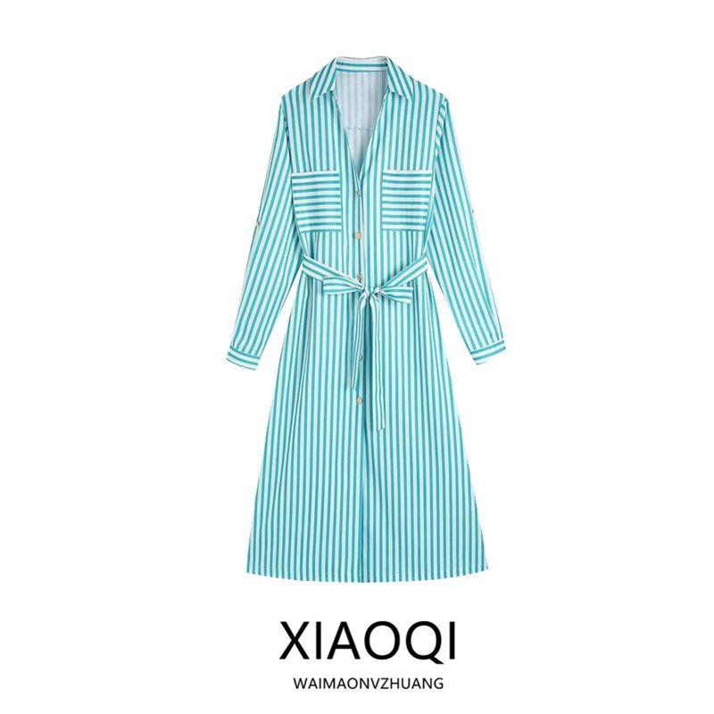 Fashion Style Women's Clothing 2024 Summer New Arrival Long Sleeves Waist-Controlled Lace-up Stripes Shirt Style Dress Mid Length Long Length
