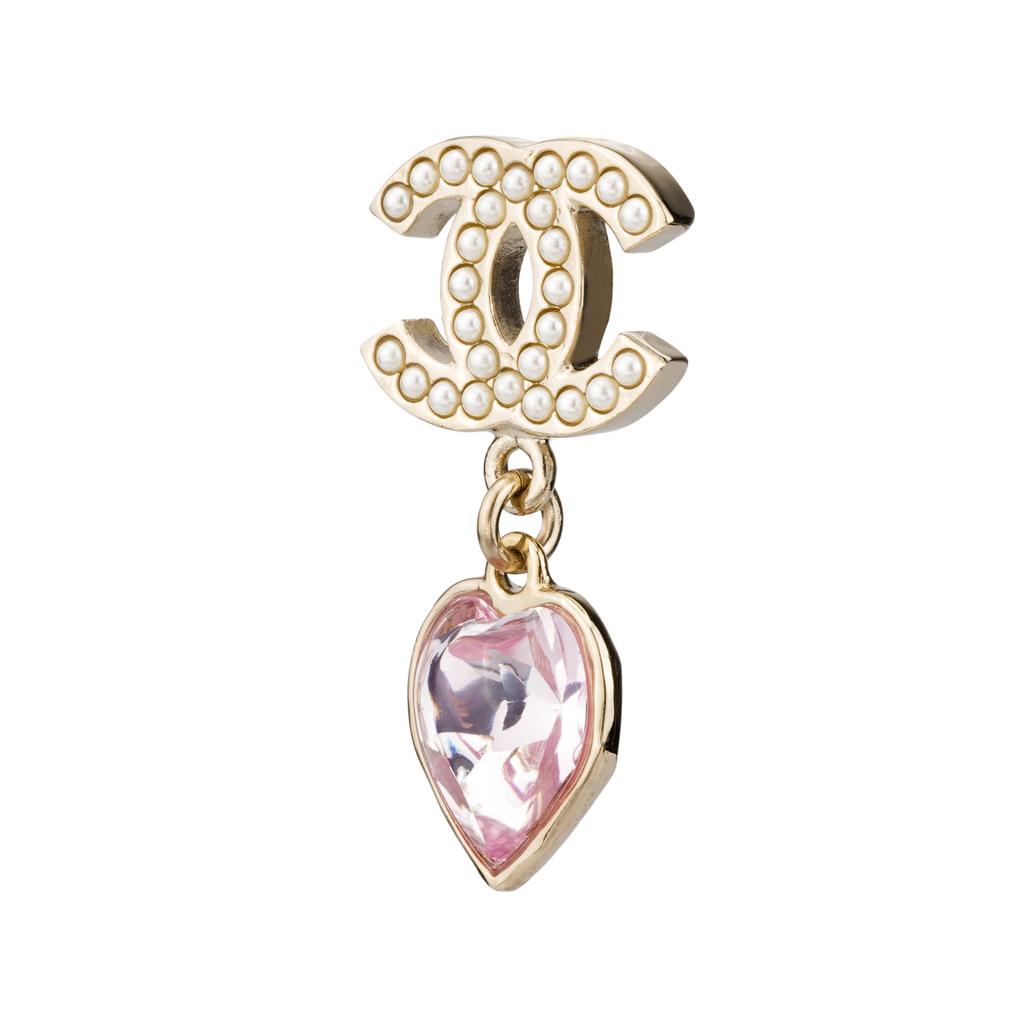 Chanel Pink Heart Crystal Pearl Metal Earrings Women Earrings Gold AB9100-B08566-NJ004