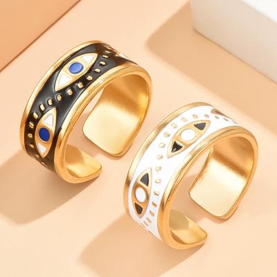European Ethnic Devil's Eye Adjustable Gold-Plated Stainless Steel Ring with Colorfast Enamel Drip