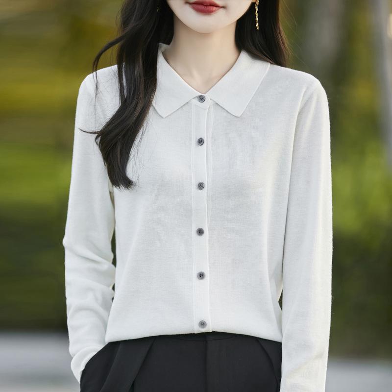 Fine Merino Wool Polo Collar Knit Cardigan - 2025 Spring Collection, Solid Color, Loose Fit, Versatile Outerwear.