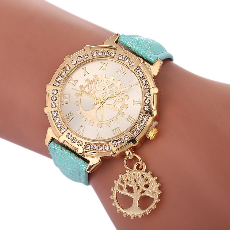 Orologio da polso con motivo albero della vita Orologio da donna con ciondolo con cinturino in pelle colore azzurro del lago