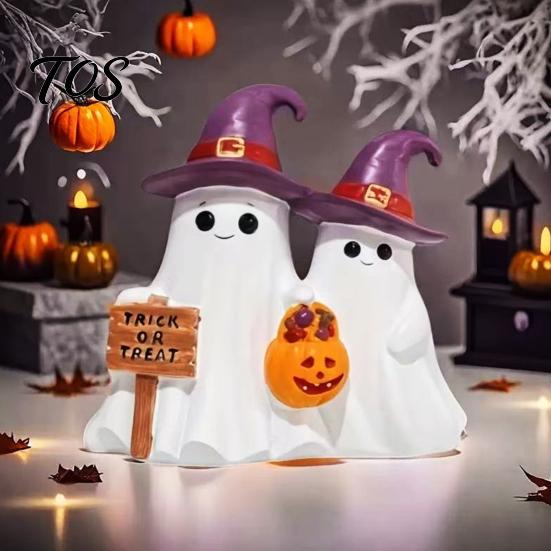 Durable Resin Ghost Figurines Halloween Figurine, Cute Spooky Statue with Wizard Hat Statues Witch for Table, Tiered Tray, Kitchen, Bedroom