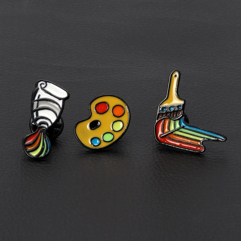3pcs Rainbow Enamel Painter's Palette Brushes Brooches Pins Artist