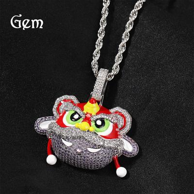 New Guochao Chinese Style Retro Lion Dance Pendant Necklace Personality Diamond Hip Hop Style Necklace