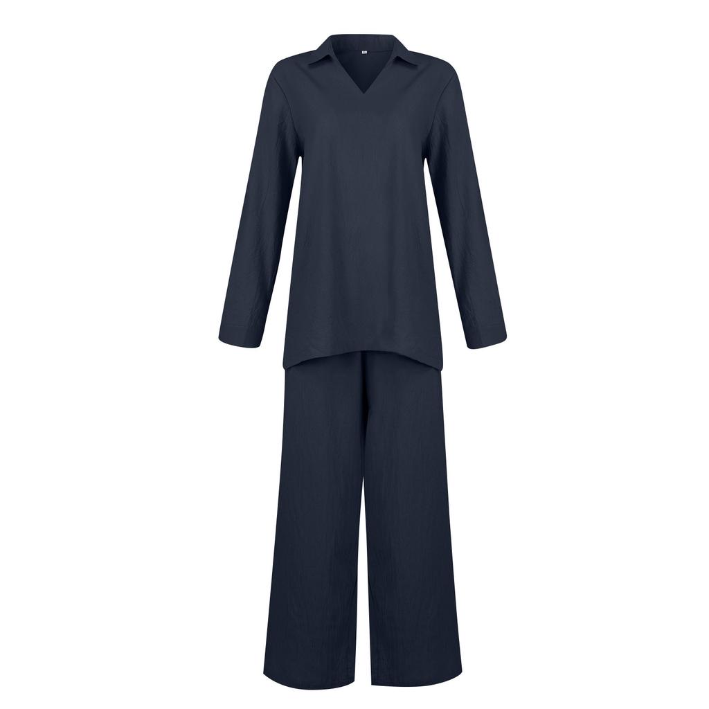 Dámský plátěný dvoudílný oblek plátěný kostým kalhoty a košile s dlouhým rukávem oversize ležérní kalhotový kostýmek plátěná halenka s výstřihem do V, volné plátěné kalhoty