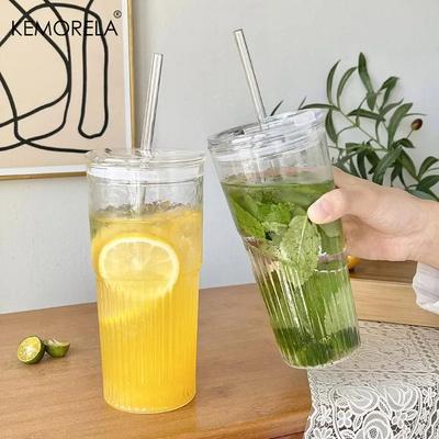 1/2 Pezzi Tazza in Vetro a Righe da 600 ml con Coperchio e Cannuccia Bicchieri Trasparenti per Succo Acqua e Tazze da Caffè Freddo Bicchieri Tazza