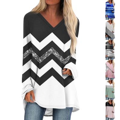 Women's Autumn And Winter Long Sleeved V-neck Printing Casual Long Loose T-shirt Top