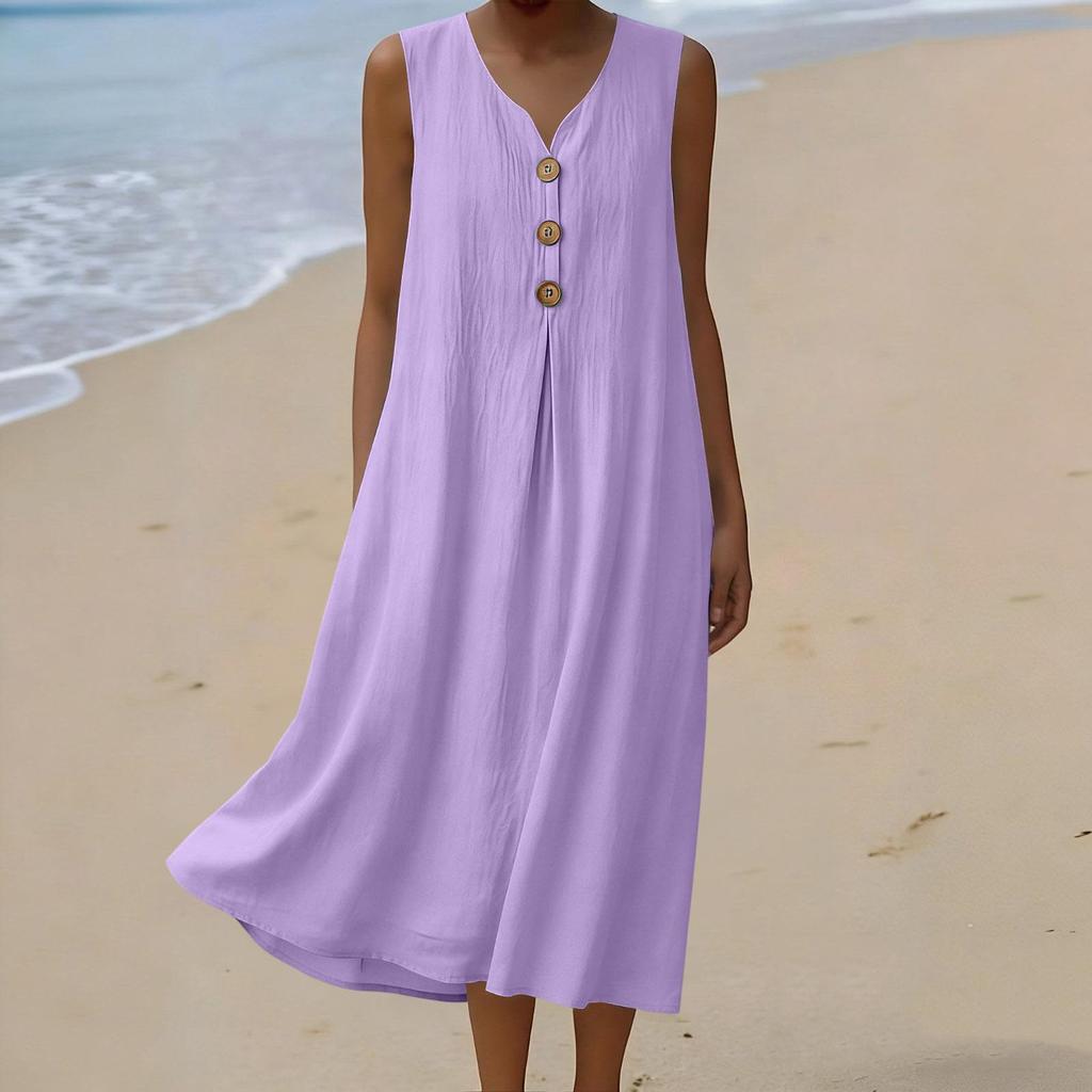 Damen Sommer Mode V-Ausschnitt Knopf Ärmellos Lässig Locker Urlaubs Küsten Kleid