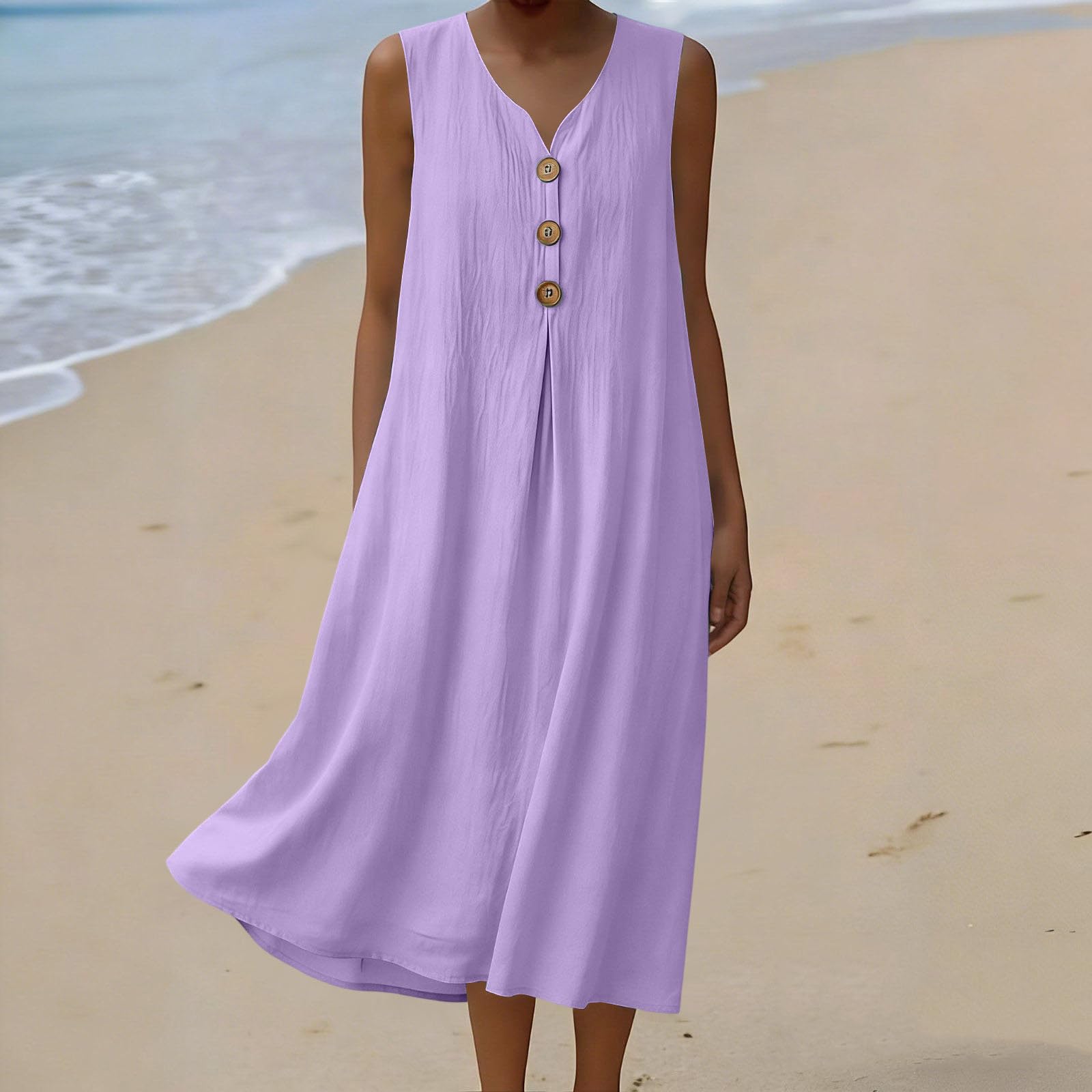 

Sleeveless V Neck Midi Dress for Women with Front Pleat and Decorative Button Loose Fit Casual Style XXL фиолетовый