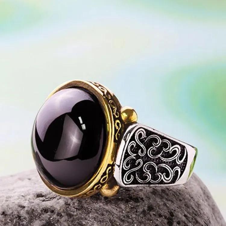 New Hot Sale Fashion Retro Ethnic Style Square Black Mirror Domineering Men's Ring Whole Sale Rings