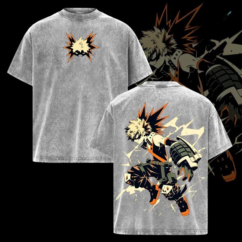 

Bakugou Katsuki Print T-shirt My Hero Academia Anime Clothing Men Women Cotton Tshirts Retro Washed Tee Harajuku Casual T Shirt XXL серый
