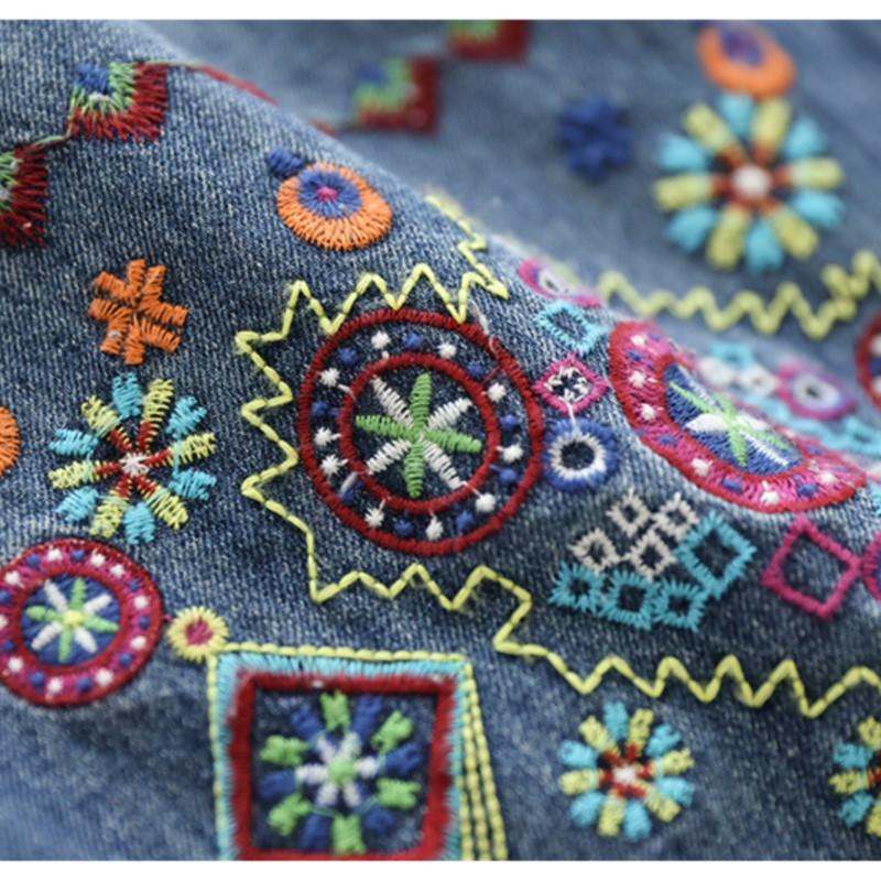 Johnature Kvinner Høstbroderi Blomster Denim Bukser med brede ben Elastisk midje Blå Løs bukse Kvinner ankellange bukser