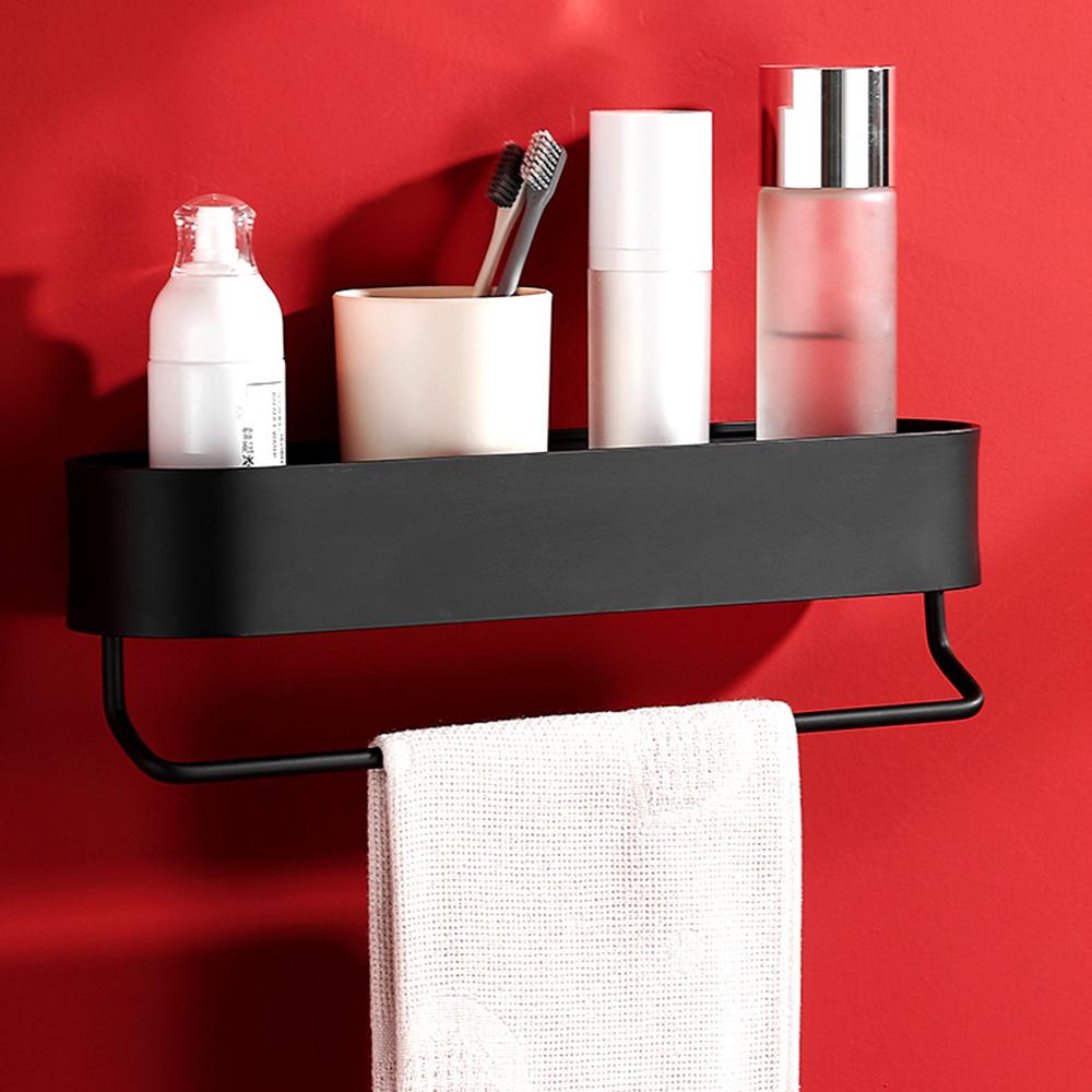 Shower Storage Basket Bath Towel Holder Wall Mounted Shelves Kitchen Organizer No-Drill Bathroom Shelf Rack Black