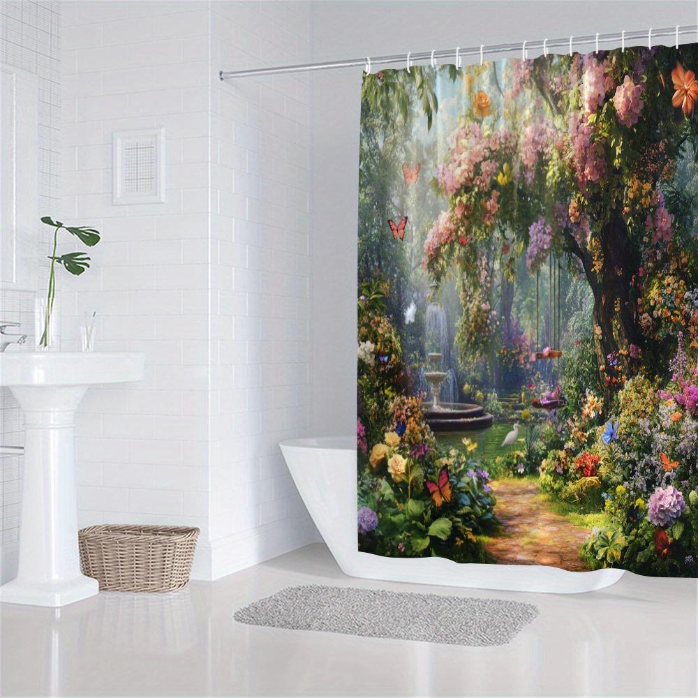Enchanted Garden Print Waterproof Shower Curtain For Bathroom,Vibrant Floral &Butterfly Design High-End Toilet Partition Curtain