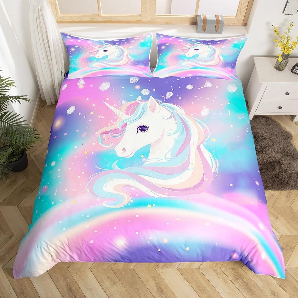 Children Kids Unicorn Soft Duvet Cover Single Quen King, Adorable Lovely Cat Carton Warm Comforter Cover featuring 2 Pilowcase Fish Scale Beding Set