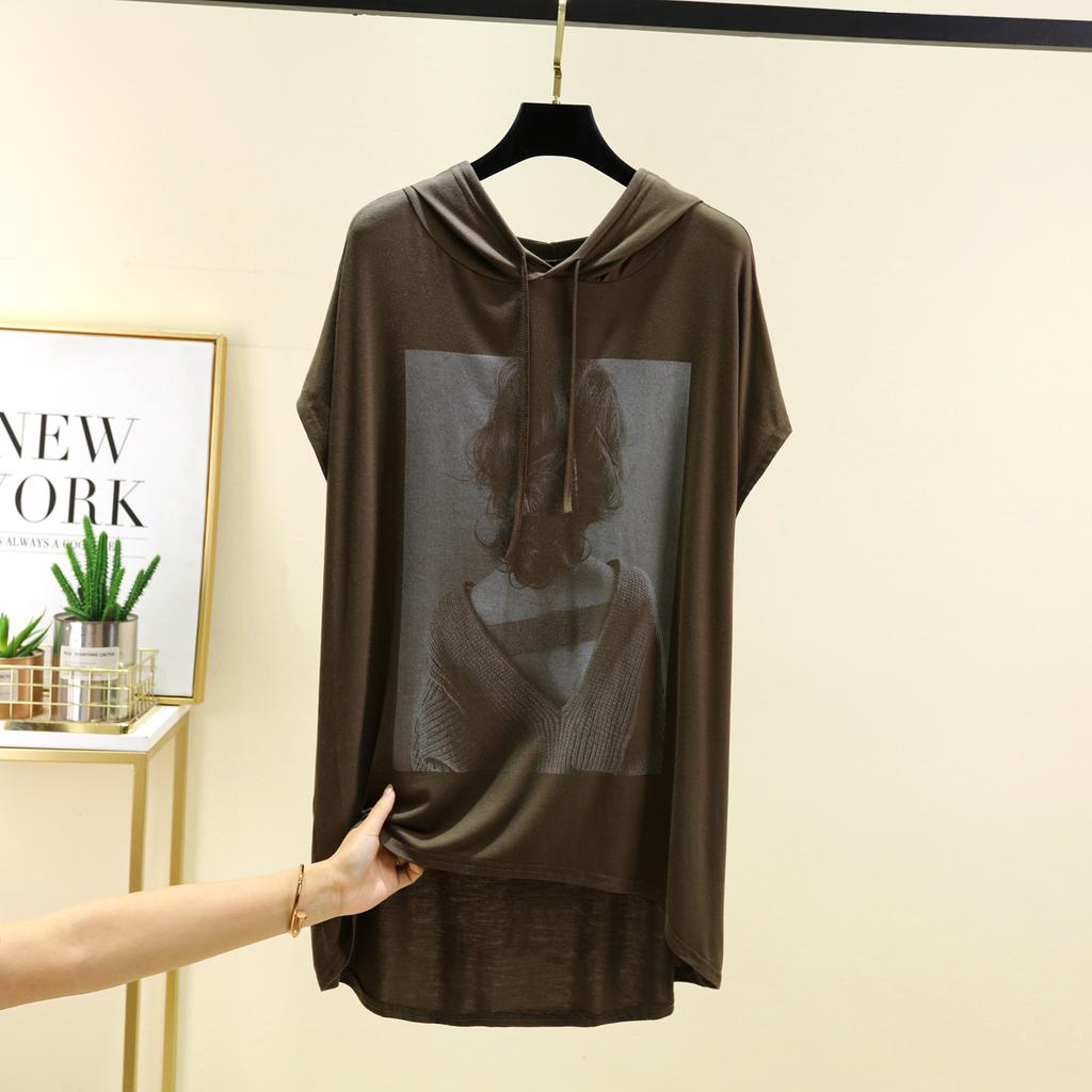 Mid-Length Beauty Print Hooded Tshirts Summer Women's Modal Hoodies Casual Tee Tops Short Sleeves Solid Color All Match