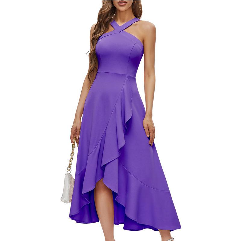 Vestido Midi Sexy Rojo para Mujer con Cruces en el Cuello Halter Volantes Dobladillo Asimétrico Sin Mangas Elegante para Noche Cóctel Boda Dama de Honor Fiesta Formal Baile de Fin de Curso