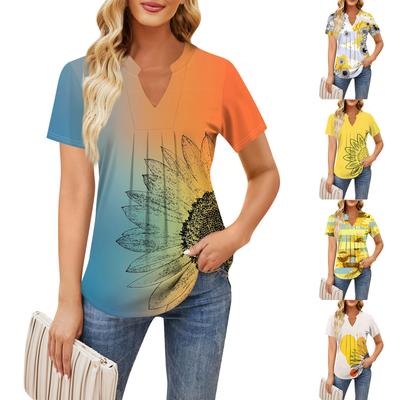 Women's Short Sleeve Casual V-neck Chest Pleated Printed Loose T-shirt Top