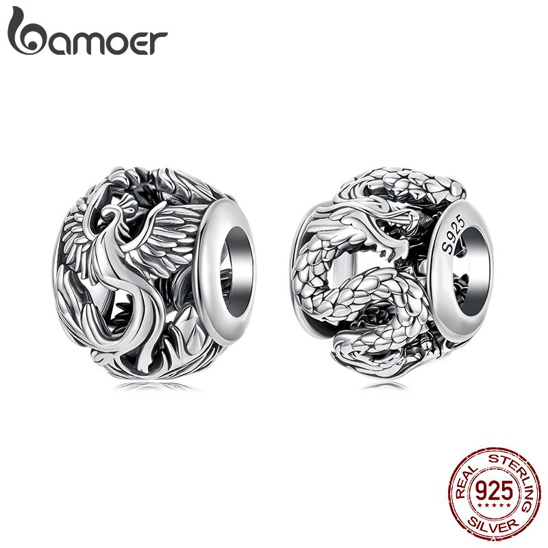 BAMOER 925 Silber Phönix Fliegender Drache Charm Passend für Armband, Retro Runde Hohlperlen DIY Schmuckzubehör