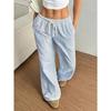Damen Elastische Taille Gestreifte Weite Hosen Kordelzug Lässige Sommerhosen