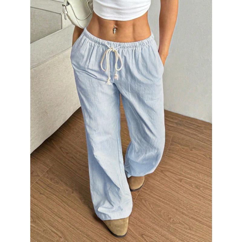 Damen Elastische Taille Gestreifte Weite Hosen Kordelzug Lässige Sommerhosen