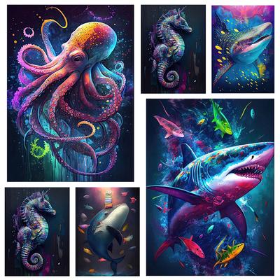 Colorful Marine Wildlife, Sharks, Seahorses, Octopuses, Sea Turtles, 5D Diy Diamond Paintings, Animal Wall Art Decoration