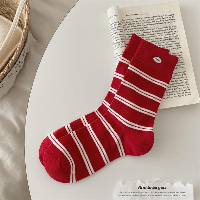 Red Socks for Women's Autumn and Winter Cotton Socks, Cute and Trendy New Year Long Socks