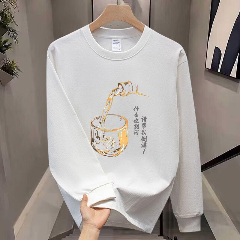 High-End Pure Cotton Men'S Trendy Long-Sleeved T-Shirt Bottoming Shirt Heavy Printing Men'S Clothing Simple And Versatile