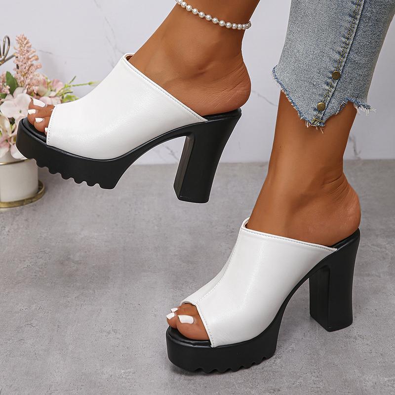 Fashion Women's Chunky High Heel Mules Fish Mouth Slip-On Platform Sandals Women Summer 2025 Fashion PU Leather Outdoor Sandalias Mujer