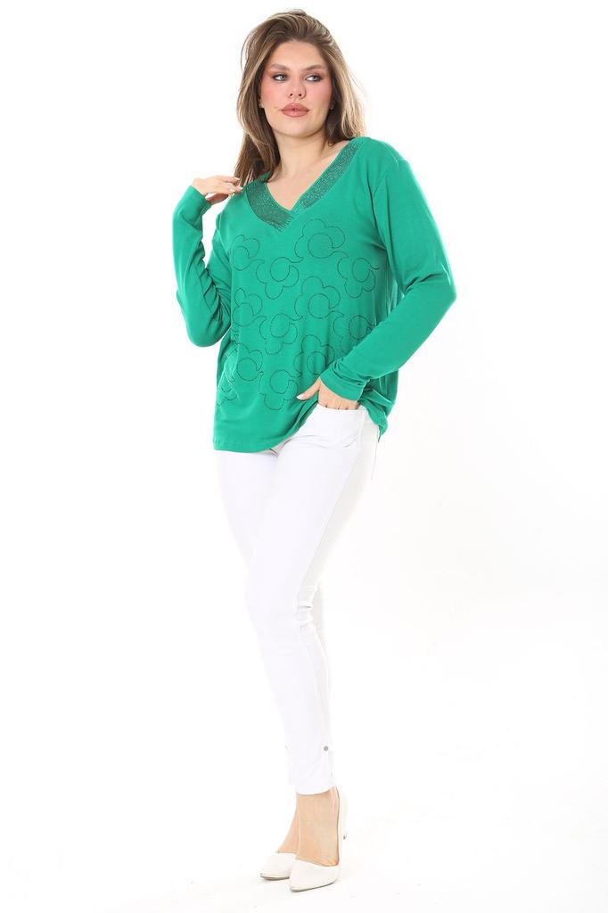 Damen Übergröße Bluse Plus Size Grün V-Ausschnitt Steinbesetzt Langarmbluse