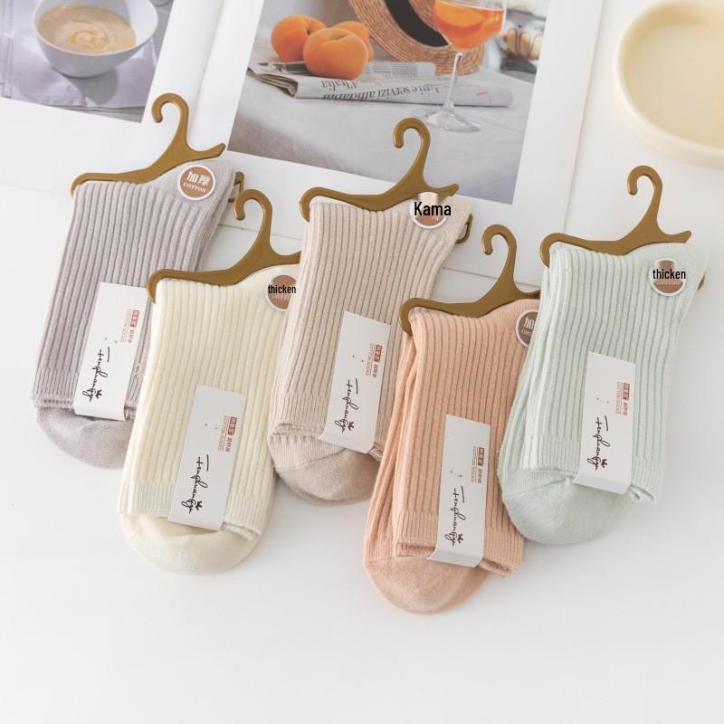 Women's Thickened Cotton Mid-Calf Socks - Warm, Solid Color for Autumn & Winter