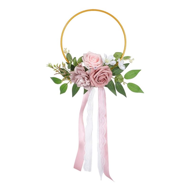 

Elegant Homes Decoration Artificial Rose Wreath Iron Frame Floral Garland Wedding Anniversary Accessory рожевий