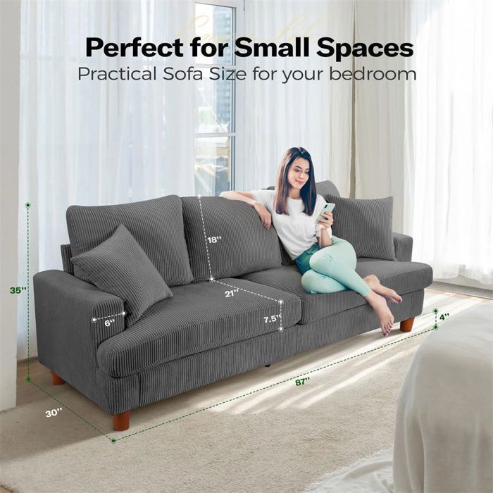 Grand Canapé 3 Places en Velours Côtelé Gris,Canapé Scandinave avec 3 coussins et 2 oreillers pour le salon,220×76×84cm