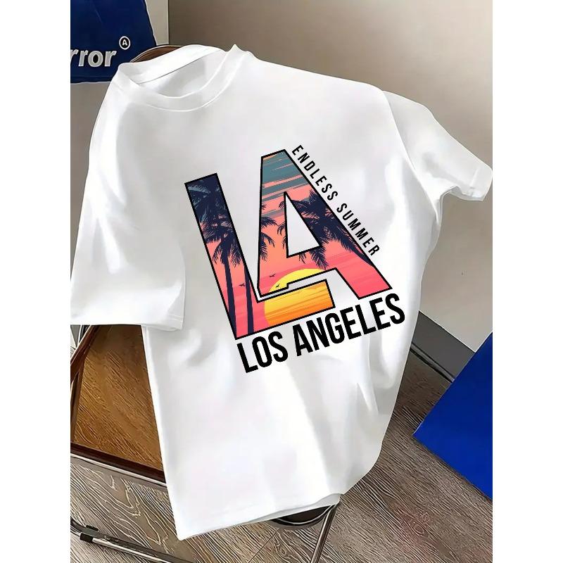 European sizes Men's T-Shirt with LA Lettering, Palm Tree and Sunset Design - Los Angeles Style Round Neck Short Sleeve Tee