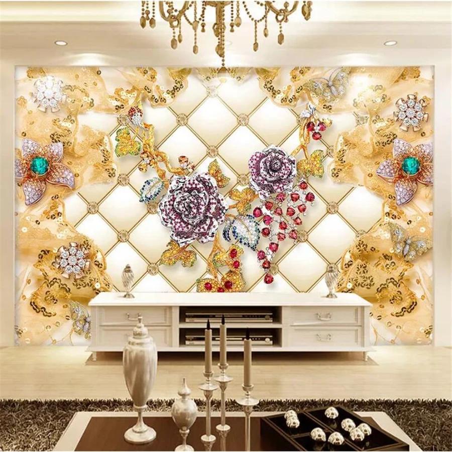 

Wallpaper Fashion 3d Mural Soft Package Luxury Wall Mural Gold Diamond Flower Jewelry Wallpaper 200 cm(W) x 140 cm(H)