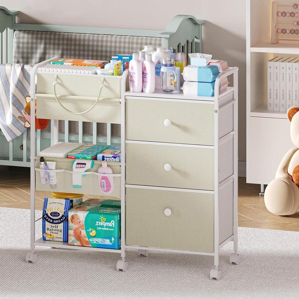Storage Cart with 3 82 x 29 x 85 Includes Basket with for Baby Rooms and Beige Casters, Drawers, cm, Handle, Bedrooms, (Beige)