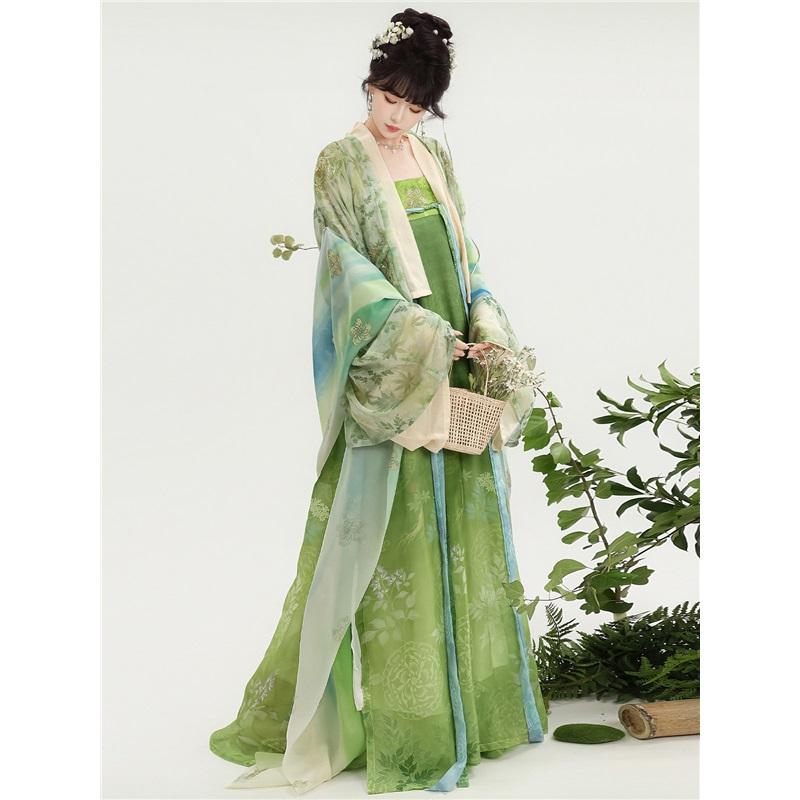 Grünes Hanfu-Set der Tang-Dynastie - Chiffon Qixiong Ruqun mit Pishan-Umhang, Traditionelles Chinesisches Kleid für Damen für Frühling und Sommer