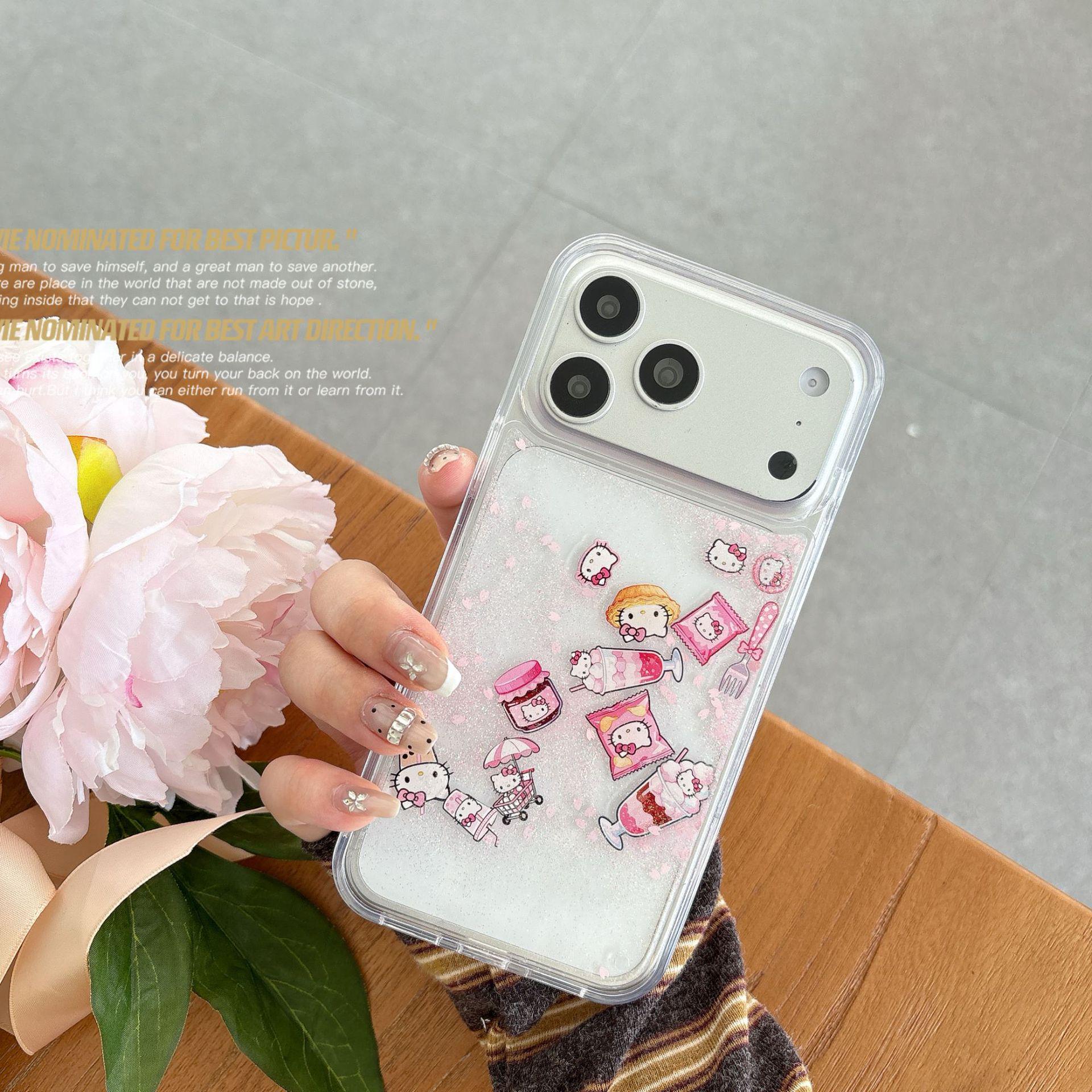 

Pink Flowing Sand Phone Case for 13/14/16 Apple 15/17 PROMAX with Cute Cat Design iPhone 15 Pro Max прозрачный
