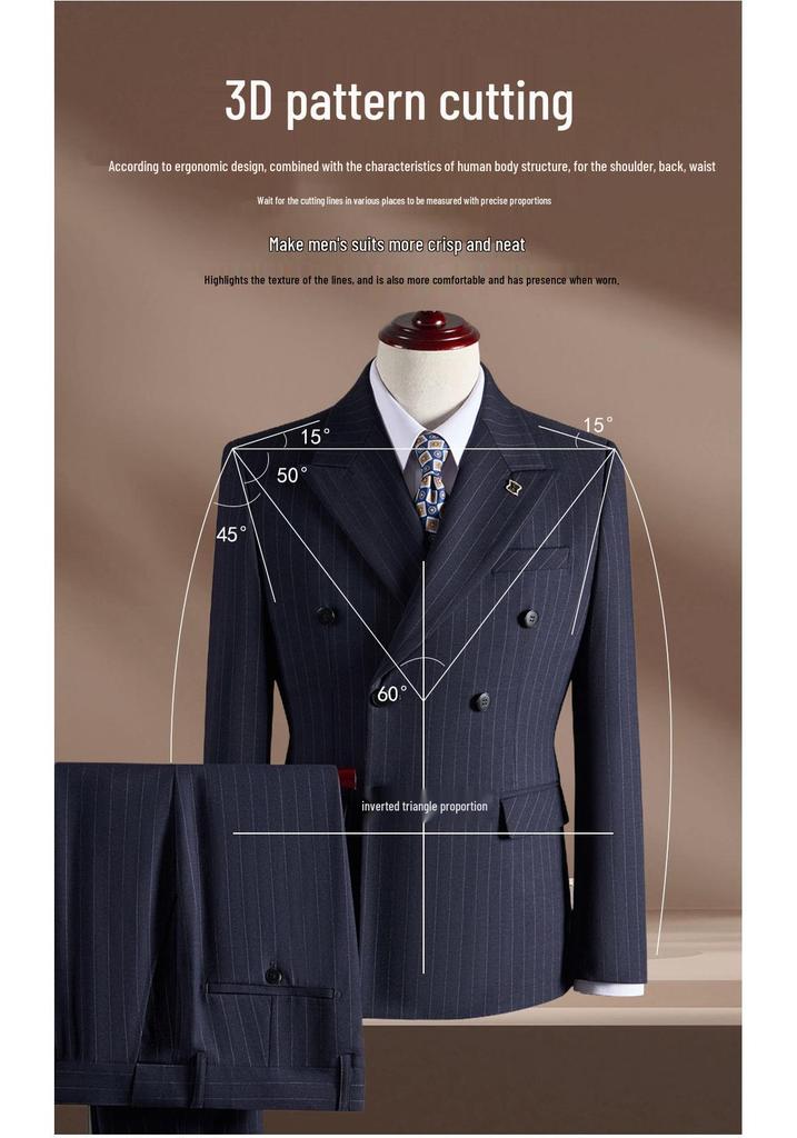 2025 Men's High-Quality Striped Double-Breasted Three-Piece Suit with Peak Lapel