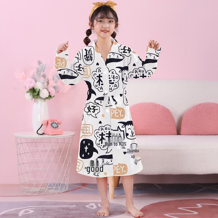 Girls' Combed Cotton Long-Sleeve Pajama Robe - Spring/Summer Bathrobe for Kids, Cute Sleepwear for Middle and Big Girls