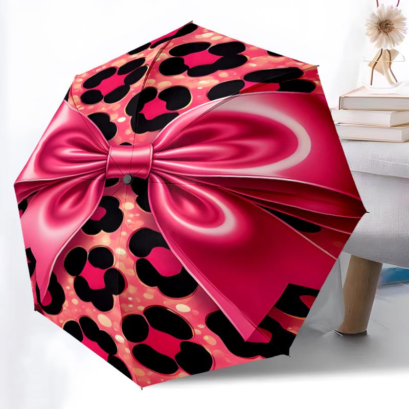 1pc Sturdy 8-Bone Auto Umbrella, Leopard Print Bow Umbrella, Digital Printed, Foldable Umbrella for On-the-Go Outdoor Use
