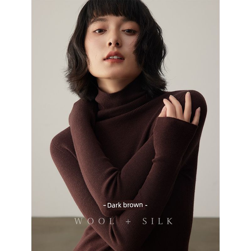 

High-End Surprise Color Series Machine Washable Merino Wool + Mulberry Silk Seamless Turtleneck Bottoming Shirt for Women Hazelnut dark brown M