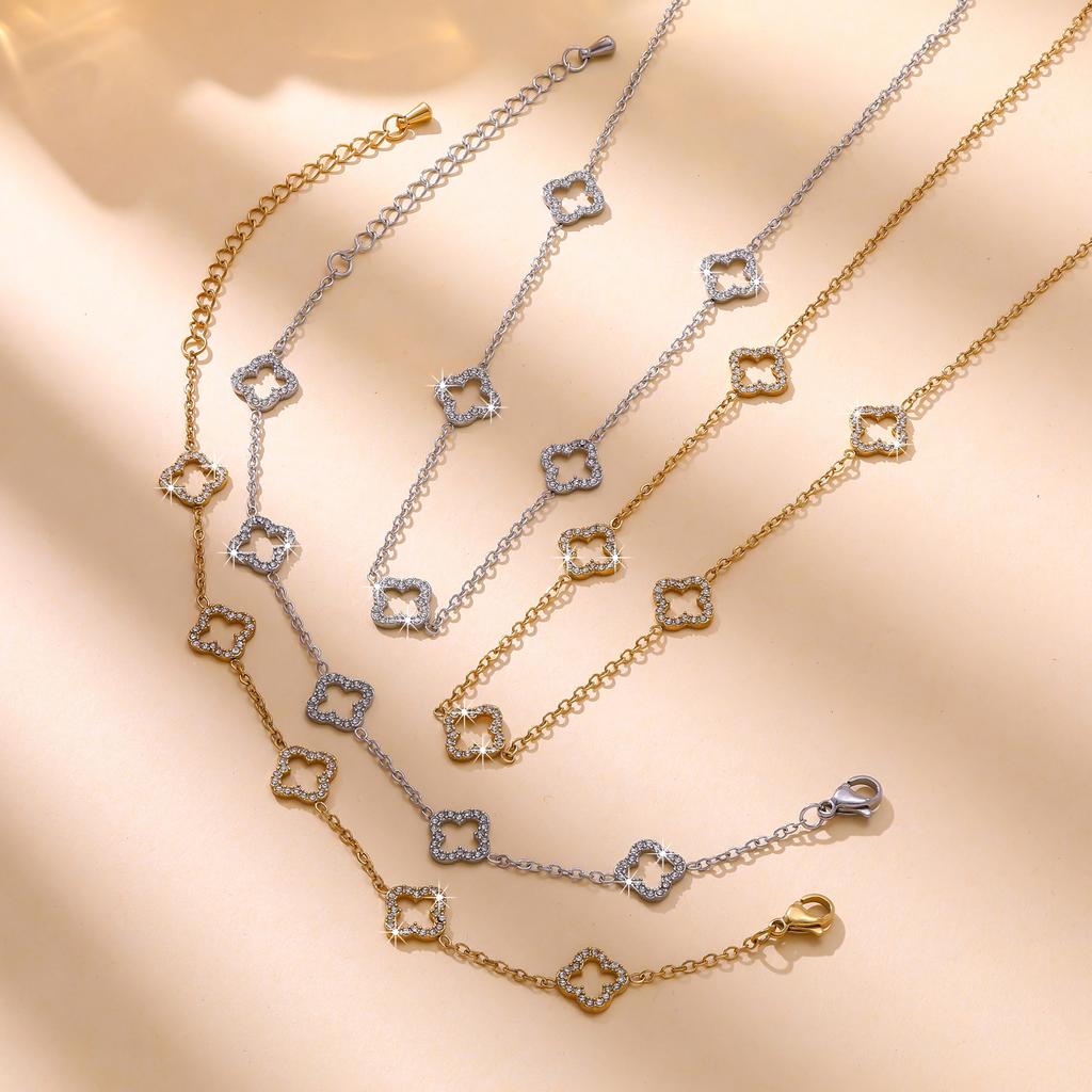 2PCS hollowed out clover long collarbone chain necklace, women's minimalist clover bracelet